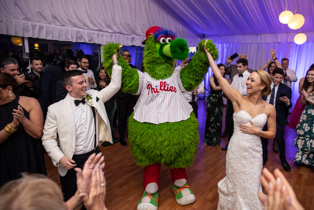 Bride and Groom with Phillies Phanatic by Baiada Photography