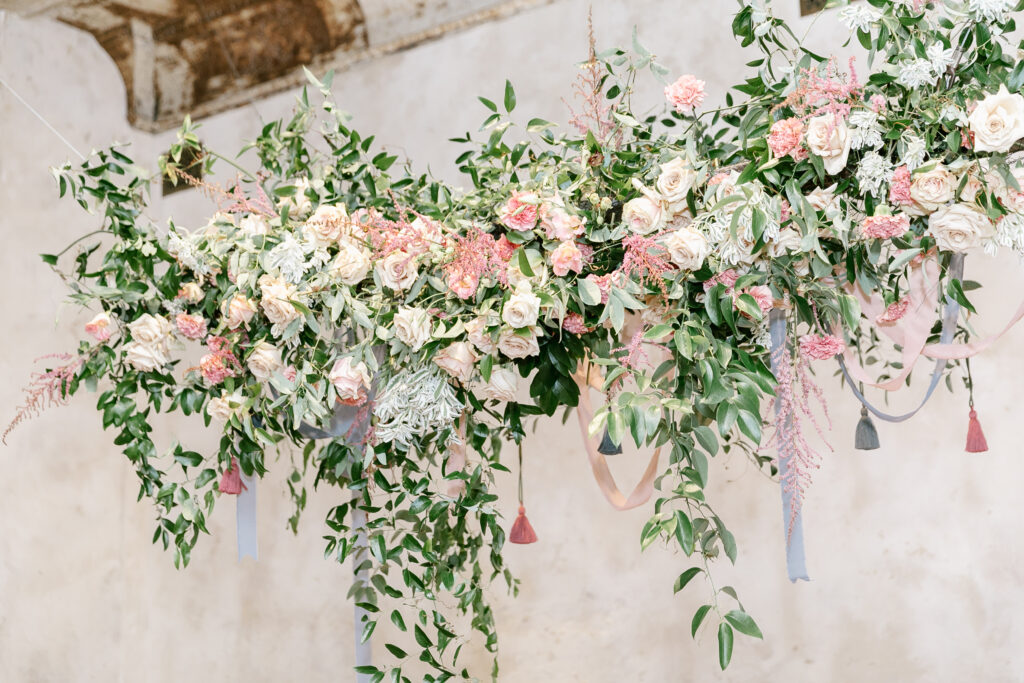 Pink and white rose wedding floral chandelier